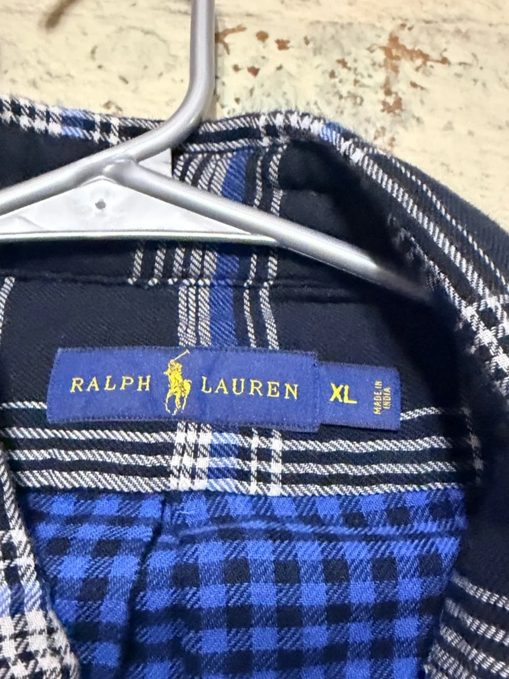 Polo by Ralph Lauren Men’s Double Faced Black Plaid Shirt with Blue & White